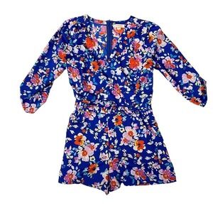 Yumi Kim Women Short Floral Romper Love Potion Revolve V Neck Back Zip Blue L